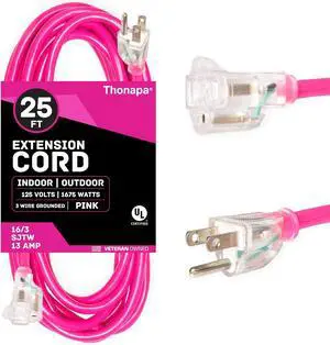 25 Ft Outdoor Extension Cord with 3 Prong, 16/3 SJTW Neon Pink Extension Cord 25ft, 13 AMP for Indoor or Outdoor Use, Small Appliances, Gardens, Lawn, Lights Decor - UL Listed
