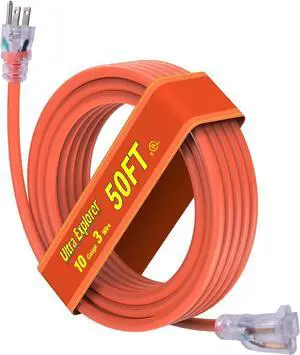 10 Gauge Heavy Duty Outdoor Extension Cord 50 FT, Waterproof Exterior Extension Cable with Lighted, 3 Prong Appliance Power Cord Outside, SJTW, 125 VAC, 15 Amp, 1875 Watts, Orange