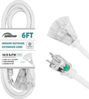 3-Outlets Indoor Outdoor Extension Cord Weatherproof with Lighted End, UL Listed, 14 Gauge 6FT White 3 Prong Heavy Duty, 14/3 SJTW 15A Power Cord
