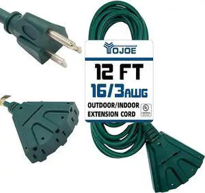 YOJOE 3-Outlets Indoor Outdoor Extension Cord, 3 Prong 13A Weatherproof Power Cord Multiple Outlets, 16 Gauge Heavy Duty 12 ft Green Extension Cord for Garage, Garden, 16/3 SJTW UL Listed