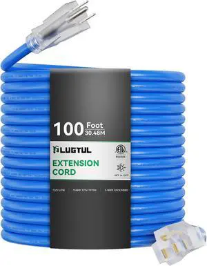 PLUGTUL 12 Gauge Extension Cord 100FT, Heavy Duty Lighted Extension Cord, 3 Prong Grounded Plug, 15A 1875W SJTW ETL Listed, Stays Flexible in Extreme Weather -58°F to +140°F, Blue