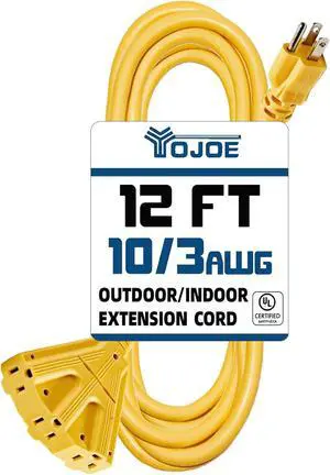 YOJOE 3-Outlet 10 Gauge 12 FT Yellow Extension Cord, 15A SJTW Weatherproof Power Cord for Indoor/Outdoor Use, 3 Prong Grounded Plug, UL Listed
