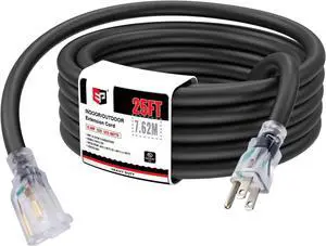 EP 25 Ft Lighted Outdoor Extension Cord - 10/3 SJTW Heavy Duty Black Extension Cable with 3 Prong Grounded Plug for Safety, UL Listed