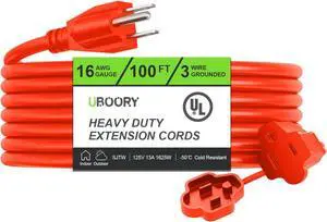 Outdoor Extension Cord Waterproof 100 FT, Orange 16/3 SJTW Heavy Duty, Flexible 100% Copper 3 Prong Extension Cord for Lawn, Garage,UL Listed