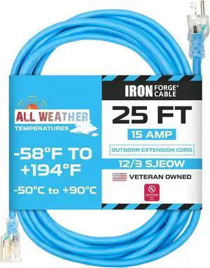 Iron Forge Cable 25 Ft All-Weather Extension Cord for Outdoor & Indoor Use - 12/3 SJEOW Lighted 3 Prong Extension Cord - for Cold & Hot Temperatures
