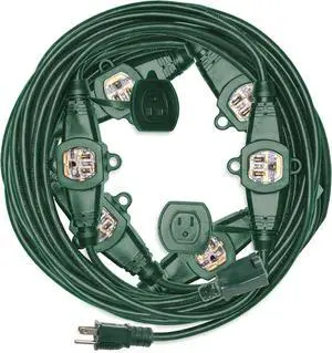 Iron Forge Cable 50 ft Heavy Duty Outdoor Extension Cord with 7 Evenly Spaced Power Outlets, 14/3 Weatherproof with Multiple Outlets, 15 AMP Green