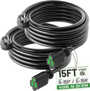 2 Pack 15 Foot Flat Plug Extension Cord Black, 14/3 Gauge Indoor Short Extension Cable, 15A 1875W 125V 14AWG, 3 Prong Low Profile Power Cord, ETL Listed
