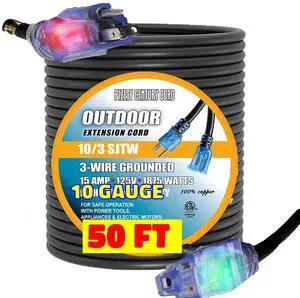 50 ft 10 Gauge Power Extension Cord 10/3 Contractor Grade 50 ft Extension Cord with Lighted Ends Heavy Duty Indoor Outdoor SJTW Rated 1875 Watts 3 Prong Cords Flexible Copper Black 10 awg