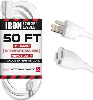 Iron Forge Cable 15 Amp Heavy Duty Extension Cord 50 ft, SJTW 14 Gauge Extension Cord 3 Prong Outdoor & Indoor, Weatherproof White Power Cable 14 AWG, Great for Major Appliances - US Veteran Owned