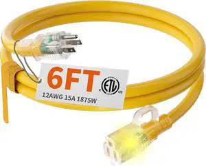 HUANCHAIN 12/3 Gauge Heavy Duty Outdoor Extension Cord 6 ft Waterproof with Lighted end, Flexible Cold-Resistant 3 Prong Electric Cord Outside, 15Amp 1875W 12AWG SJTW, Yellow, ETL