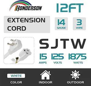 Flat Plug Extension Cord, UL Listed, Indoor Extension Cord 14 Gauge 12FT White, 14/3 SPT-3 15A 3 Prong Grounded Power Cord for Home, Office