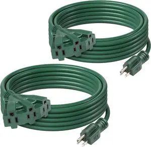 BN-LINK 25Ft Outdoor Extension Cord with 3 Outlets, 2-Pack, 16/3 SJTW, 13-Amp Power Cord for Lighting, Landscaping & Holiday Decorations, Grounded, ETL Listed