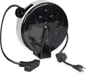 Iron Forge Cable 30 Ft Retractable Extension Cord Reel with Breaker Switch & 3 Outlets Pigtail, Metal Plate Ceiling/Wall Mount Hanging Extension Cord Reel 16/3 SJTW Retractable Cable for Garage & Shop
