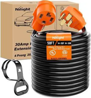 Nilight 50FT EV Dryer Extension Cord 4 Prong 30 Amp NEMA 14-30P 14-30R Old Cable Heavy Duty 10 Gauge Pure Copper Wire UL Listed 125/250V for Level 2 Using