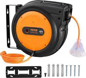 VEVOR Retractable Extension Cord Reel, 65 FT, Heavy Duty 12AWG/3C SJTOW Power Cord, with Lighted Triple Tap Outlet, 15 Amp Circuit Breaker, 180° Swivel Bracket for Ceiling or Wall Mount