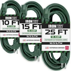 Iron Forge Cable Weatherproof Outdoor Extension Cord 3 Pack, 10 ft, 15 ft, and 25 ft - 16/3 SJTW 13 Amp Heavy Duty Green Extension Cord 3 Prong