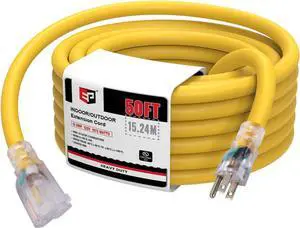 EP 50 Ft Lighted Outdoor Extension Cord - 10/3 SJTW Heavy Duty Yellow Extension Cable with 3 Prong Grounded Plug for Safety, UL Listed