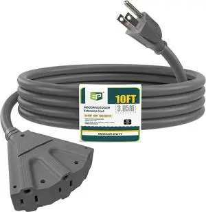 EP 10 Ft Outdoor Extension Cord with 3 Electrical Power Outlets - 16/3 SJTW Grey Cable with 3 Prong Grounded Plug for Safety Great for Christmas Lights, Garden and Major Appliances