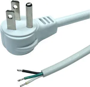 10Ft Heavy Duty Replacement Power Supply Cord with Open End, 90 Degree Slim Flat Plug, 16 Gauge White Extension Cable 3 Prong, 15 AMP Power Cord for Universal AC Appliance, 16/3 SJTW