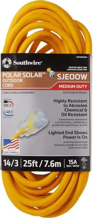 Southwire Polar Solar Medium Duty Extension Cord, 25Ft, 14 Gauge, 3 Conductor, Outdoor Cord, Lighted End, SJEOOW, Yellow, 1487SW0002