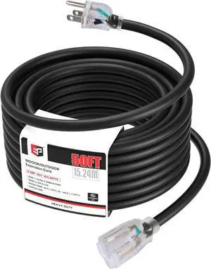 EP 50Ft 14/3 Lighted Outdoor Extension Cord - 14 Gauge 3 Prong SJTW Heavy Duty Black Extension Cable with 3 Prong Grounded Plug for Safety,Great for Garden and Major Appliances,UL Listed