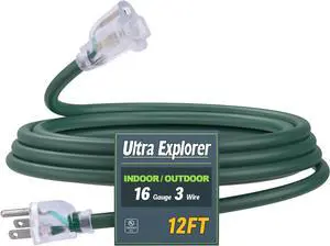 12 Ft Indoor Outdoor Green Extension Cord, 16/3 Heavy Duty Extension Cable, 3 Prong Grounded Plug with Lighted End for Appliance and Lawn, 13A, UL Listed