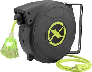 Flexzilla Retractable Extension, 14/3 AWG SJTOW, 50', Grounded Triple Tap Outlet Electric Cord Reel, ZillaGreen, FZ8140503
