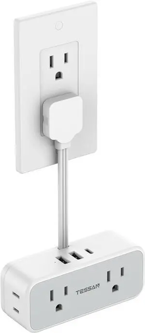 TESSAN Multi Plug Wall Outlet Extender, 6 inch Short Extension Cord, Flat Plug Splitter with 4 AC 3 USB (1 USB C) Charging Ports, Multiple Outlet Small Power Strip for Home Office Dorm Room