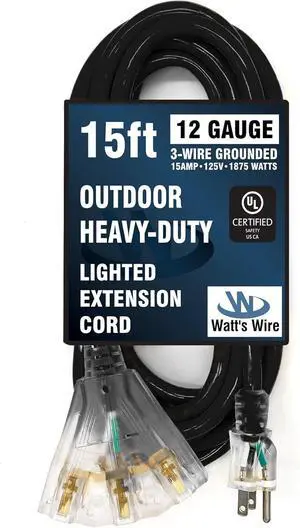15 ft Heavy Duty Extension Cord - 12 Gauge Outdoor Extension_Cord - Lighted Mulitiple Outlets by Watt's Wire - 15' 12-Gauge Grounded 15 Amp Cord - extensiones electricas