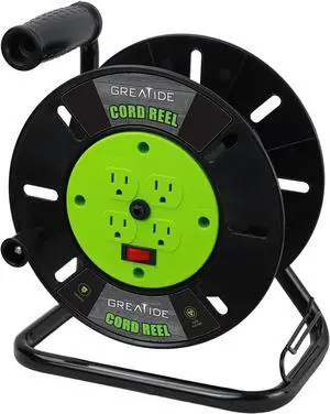 Heavy Duty Extension Cord Storage Reel with 4Grounded Outlets, 10A Circuit Breaker, Retractable Hand Wind, Portable Empty Hand Crank Open Cord Reel for 12/3 14/3 16/3 Gauge Power Cord, Green