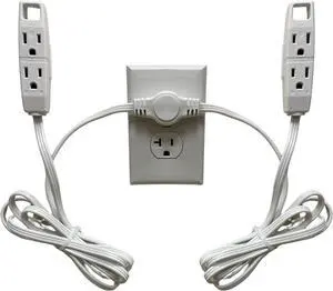 W4W Twin Extension Cord Power Strip - 3 Prong - 12 Foot Cord - 6 feet on Each Side - Flat Head (Wall Hugger) Outlet Plug - 6 Polarized Outlets
