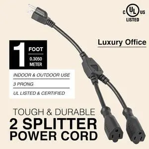 2 Way Power Splitter and 1' Extension Cord - 1 to 2 Cable Strip with 3 Pronged Outlet and Y Style Extension Cord  3 Pack - Black - SJT 16 AWG  by Luxury Office