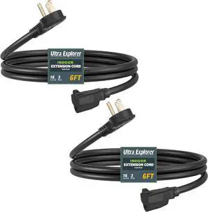 Ultra Explore 6 FT Flat Plug Extension Cord, 16 AWG Indoor Appliance Cord, Flat Wall Plug Low Profile Extension Wire, Black, 2 Pack, 13A 125VAC 1625W, UL Certified