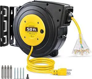 SURAIELEC 50 FT Extension Cord Reel, 14 Gauge Retractable Extension Cord, SJTOW 14 AWG/3C Heavy Duty Power Cord, 13 AMP Circuit Breaker, Lighted Triple Tap, Ceiling or Wall Mount, UL Listed