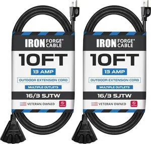 Iron Forge Cable 2 Pack 10 Ft Black Extension Cord with 3 Outlets - 16/3 SJTW 10 Foot Extension Cord 3 Prong, Weatherproof Power Cable for Outdoor