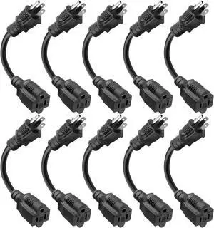 Kasonic 8 inch Short Power Extension Cord Outlet Saver, ETL Listed, SJTW 16AWG/13A 3 Prong Indoor/Outdoor Use, 10 Pack, Black