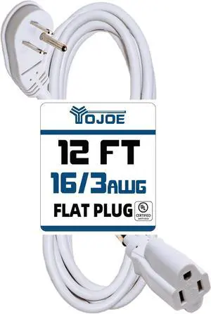 YOJOE Flat Plug Indoor Extension Cord 12 ft, 3 Prong 13A Power Cord, 16 Gauge Heavy Duty White Extension Cord for Garage, Garden and Home, 16/3 SJTW, UL Listed