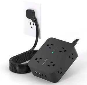 10 Ft Power Strip Long Cord, HANYCONY Extension Cord Surge Protector with Flat Plug, 8 Outlets 4 USB Charging Station(2 USB C), Wall Multiple Plug Outlet Extender for Home Office Desk