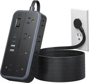 NTONPOWER Surge Protector Power Strip 15 Ft Cord, 10 Widely Spaced Outlets, 4 USB Port(2 USB C Port), Ultra Thin Flat Plug Extension Cord 15 Feet, 2700J Surge Protection for Home Office Garage, Black