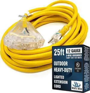 25 ft Heavy Duty Extension Cord - 12 Gauge Outdoor Extension_Cord - Lighted Mulitiple Outlets by Watt's Wire - 25' 12-Gauge Grounded 15 Amp Cord - extensiones electricas