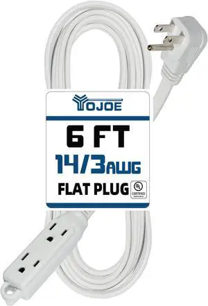 YOJOE 3-Outlets Indoor Extension Cord Outlet Extender, 3 Prong Grounded 15A Power Strip, 14 Gauge Heavy Duty 6 ft White Flat Plug Extension Cord, 14/3 SPT-3 UL Listed