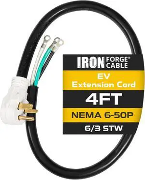Iron Forge Cable NEMA 6-50 Extension Cord with Open End - 4ft 50 Amp EV Power Cord with Eyelet, 6/3 Gauge Replacement Cable - NEMA 6-50 Plug STW