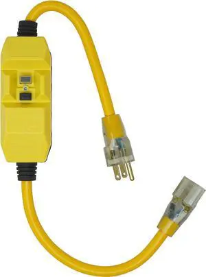 Yellow Jacket Heavy Duty Extension Cord with In-Line GFCI, 2Ft, 12 Gauge, 3 Conductor, 15 AMP, Lighted End, 1 Outlet, SJTW, Yellow, 2817