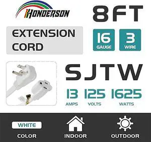 Flat Plug Extension Cord, UL Listed, Indoor Extension Cord 16 Gauge 8FT White, 16/3 SPT-3 13A 3 Prong Grounded Power Cord for Home, Office