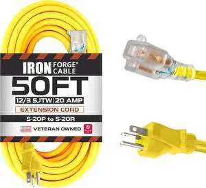 Iron Forge Cable 50 Ft Extension Cord - Nema 5-20 Extension Cord Heavy Duty 50 ft, 5-20P to 5-20R Lighted Yellow SJTW 12 Gauge Electric Cable 20 Amp