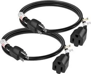 FIRMERST 1875W 15 Amp 2 Feet Extension Cord 3 Prong 14 Gauge Black, 2 Pack