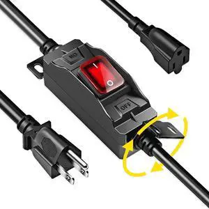 Outdoor Extension Cord with On/Off Switch  IP68 Waterproof, 1.5FT Heavy Duty 14AWG Inline Cord with LED Power Switch, 3-Prong 125V Grounded Plug, 360° Mount Bracket for Patio & Holiday Lights