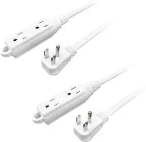 2 Pack 10 FT Extension Cord, 16 AWG 3 Outlet Power Strip, 3 Wire Grounded Flat Plug Power Extension Cord, 13A 125V 1625W, White