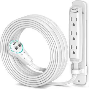 Maximm 360 Degree Rotating Flat Extension Cord 15 Ft Multi 3 Outlet Power Cord with Mounting Bracket, Grounded 16 AWG UL Certified, White