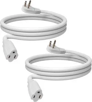 6 Ft Flat Plug Extension Cord, 16 AWG 3 Prong Grounded White Low Profile Extension Cable for Indoor, 2 Pack, UL Listed